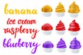 Banana, raspberry, blueberry ice cream vector Set of yellow, red, violet with of different shapes in a cup on transparent backgrou Royalty Free Stock Photo