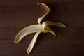 Banana rind on a brown wooden table.