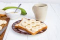 Banana sandwiches on plate with coffee cup