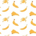 Banana seamless pattern. Cartoon texture of yellow peeled, multiple and single bananas, flat tropical fruit fabric