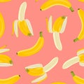 Banana seamless pattern, Half peeled banana on pink background.