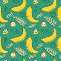 Banana seamless pattern. Hand drawn fresh tropical fruit. Multicolored vector sketch background. Colorful doodle wallpaper. Green Royalty Free Stock Photo