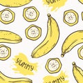 Banana seamless pattern with juice drop and yummy inscription in vector