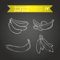 Banana. Set of fresh fruits, whole, half and bitten with leaf. Vector illustration. Isolated on blackboard