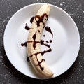 Banana slices and chocolate on white background