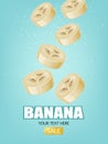 Banana slices summer background Vector realistic. Juicy fruit falling poster brochure templates