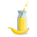 Banana smoothie bottle icon, cartoon style