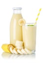 Banana smoothie fruit juice drink milkshake milk shake glass and bottle isolated on white Royalty Free Stock Photo