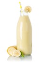 Banana smoothie fruit juice drink straw milkshake milk shake in a bottle isolated on white Royalty Free Stock Photo