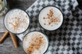 Banana smothie or milkshake with cinnamon on wood background