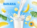 Banana splash poster. Realistic fruit milk advertising banner, yogurt jet, flying drops, white drink in glass cup