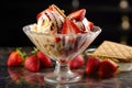 Banana split chocolate ice cream, vanilla ice cream , strawberry ice cream in a long clear glass dish with gooey fudge Royalty Free Stock Photo