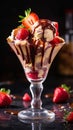 Banana split chocolate ice cream, vanilla ice cream , strawberry ice cream in a long clear glass dish with gooey fudge Royalty Free Stock Photo