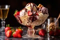 Banana split chocolate ice cream, vanilla ice cream , strawberry ice cream in a long clear glass dish with gooey fudge Royalty Free Stock Photo