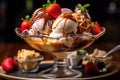 Banana split chocolate ice cream, vanilla ice cream , strawberry ice cream in a long clear glass dish with gooey fudge Royalty Free Stock Photo