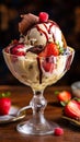 Banana split chocolate ice cream, vanilla ice cream , strawberry ice cream in a long clear glass dish with gooey fudge Royalty Free Stock Photo