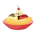 Banana split dessert in bowl with cherry on top. Cartoon ice cream with chocolate sauce. Delicious sweet treat vector