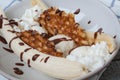 banana split with ice cream, chocolate, waffles Royalty Free Stock Photo