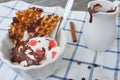 Banana split with ice cream, chocolate, waffles Royalty Free Stock Photo