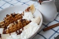 Banana split with ice cream, chocolate, waffles Royalty Free Stock Photo