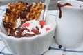 Banana split with ice cream, chocolate, waffles Royalty Free Stock Photo