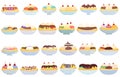 Banana split icons set cartoon vector. Calories cream