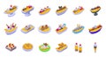 Banana split icons set isometric vector. Calories cream