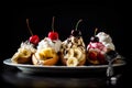 Banana split piled high with ice cream, sliced bananas, whipped cream, chocolate syrup.. AI generated Royalty Free Stock Photo