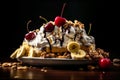 Banana split piled high with ice cream, sliced bananas, whipped cream, chocolate syrup.. AI generated Royalty Free Stock Photo