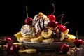 Banana split piled high with ice cream, sliced bananas, whipped cream, chocolate syrup.. AI generated Royalty Free Stock Photo