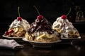 Banana split piled high with ice cream, sliced bananas, whipped cream, chocolate syrup.. AI generated Royalty Free Stock Photo