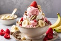 Banana split sundae ice cream in a bowl with strawberry and raspberry vanilla icecream