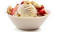 Banana Split Sundae Ice Cream in a Bowl with Strawberry Vanilla Ice Cream Scoops Selective Focus Background Royalty Free Stock Photo