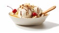 Banana Split Sundae Ice Cream in a Bowl with Strawberry Vanilla Ice Cream Scoops Selective Focus Background Royalty Free Stock Photo