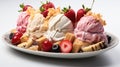 Banana Split Sundae Ice Cream in a Bowl with Strawberry Vanilla Ice Cream Scoops Selective Focus Background Royalty Free Stock Photo