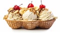 Banana Split Sundae Ice Cream in a Bowl with Strawberry Vanilla Ice Cream Scoops Selective Focus Background Royalty Free Stock Photo