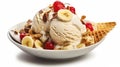 Banana Split Sundae Ice Cream in a Bowl with Strawberry Vanilla Ice Cream Scoops Selective Focus Background