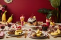 Banana split-themed party, complete with themed decorations, tableware, and guests enjoying their own customized banana split