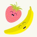 Banana and strawberry. Happy fruit set. Smiling face. Cartoon smiling character with eyes. Friends forever. White background. Flat Royalty Free Stock Photo