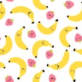 Banana Strawberry Modern creative seamless pattern. Funny yellow-pink characters with happy faces. Vector cartoon illustration in