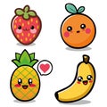 banana,strawberry,pineapple and orange kawaii icon on white