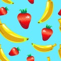 Banana strawberry seamless vector pattern on blue background