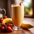 Banana strawberry smoothie, fresh cold milk shake with fruit Royalty Free Stock Photo