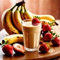 Banana strawberry smoothie, fresh cold milk shake with fruit Royalty Free Stock Photo