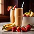 Banana strawberry smoothie, fresh cold milk shake with fruit Royalty Free Stock Photo