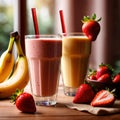 Banana strawberry smoothie, fresh cold milk shake with fruit Royalty Free Stock Photo