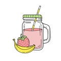 Banana and strawberry smoothie or lemonade in glass jar. Fresh summer drink Royalty Free Stock Photo