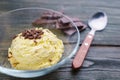 Banana sundae ice cream in glass bowl, close up Royalty Free Stock Photo