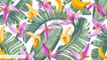 Tropical, vector, realistic wallpaper with leaves, fruits and flowers of banana palm. Royalty Free Stock Photo