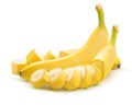 Banana whole and cut unpeeled on white background